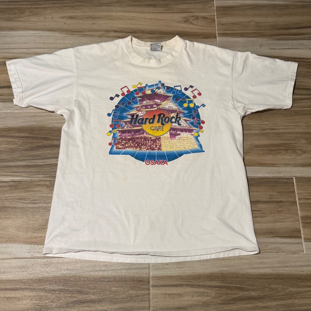 Hard Rock Cafe Osaka‎ Japan Vintage T-Shirt White XL Great Wave Osaka Castle USA